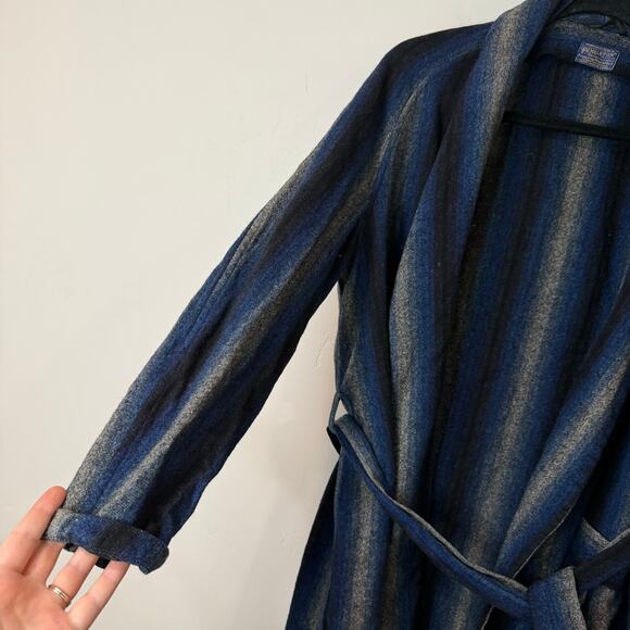 Pendleton Vintage Wool Robe Tie Waist Stripe Long Sleeve Blue Grey One Size - Picture 4 of 8